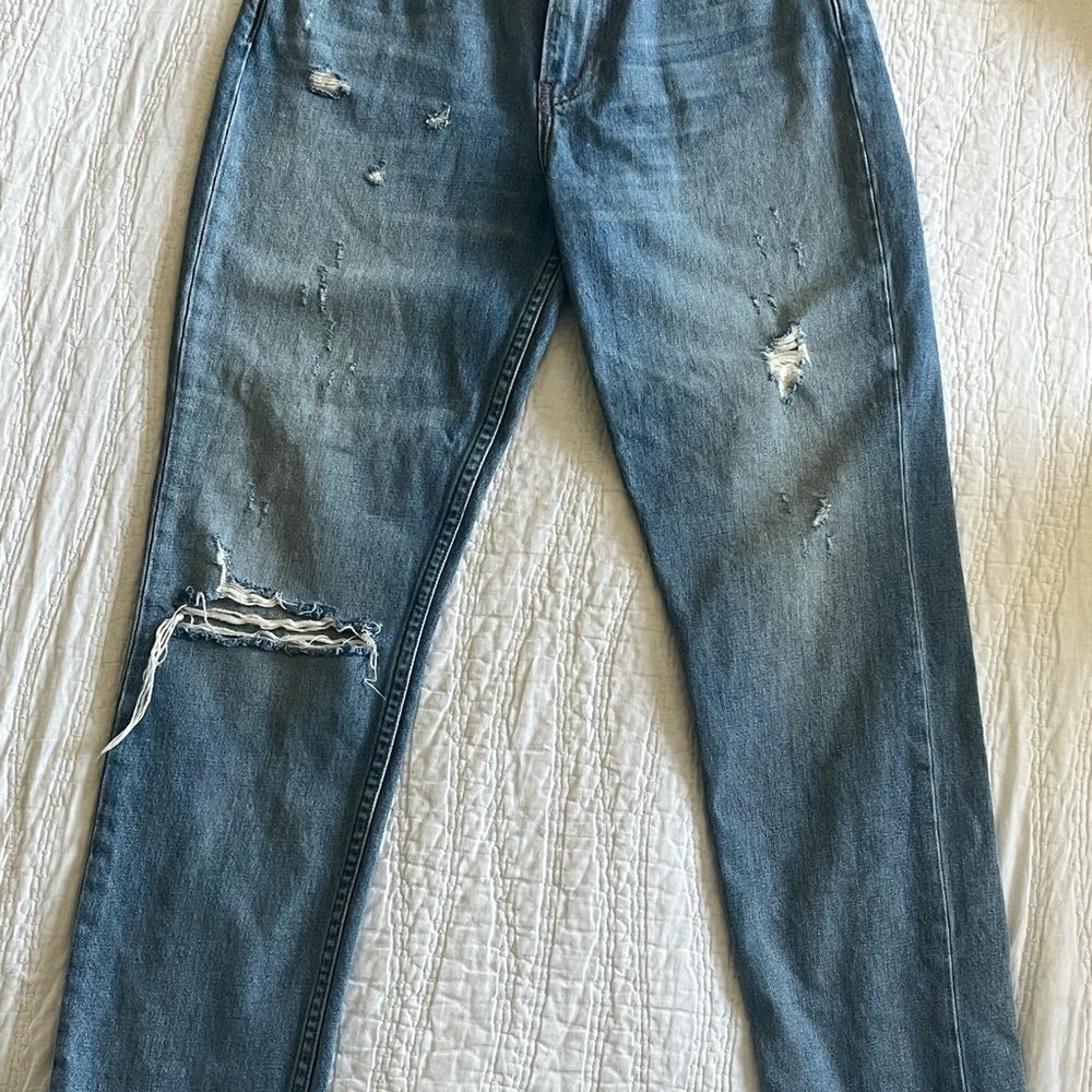 Reformation Blue Ankle Cropped Jeans with Distressed Details